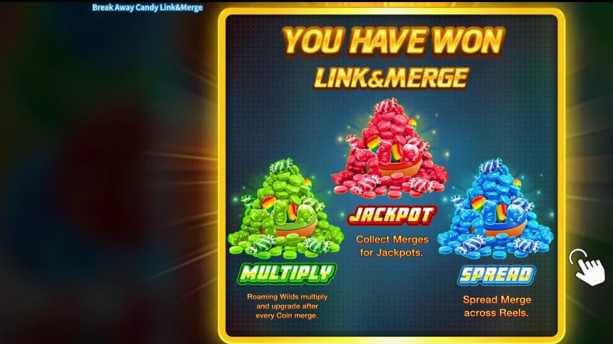 Tampilan visual slot Break Away Candy Link&Merge dengan tema hoki dan permen