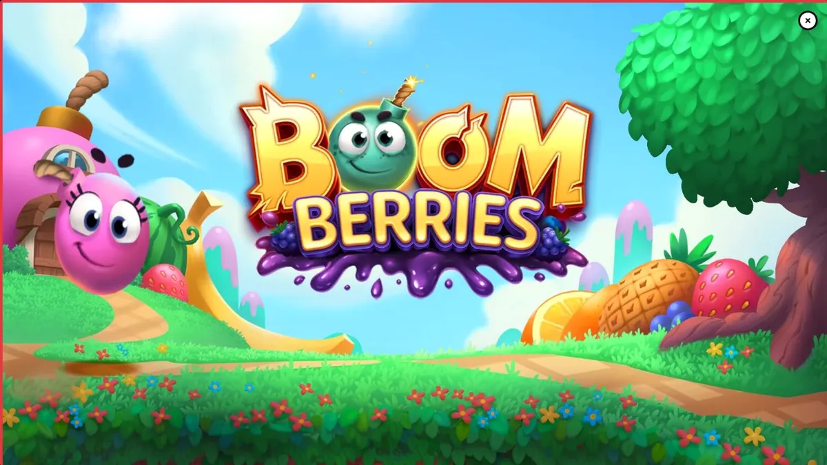 Tampilan visual slot Boomberries dengan tema desa dongeng dan buah-buahan cerah